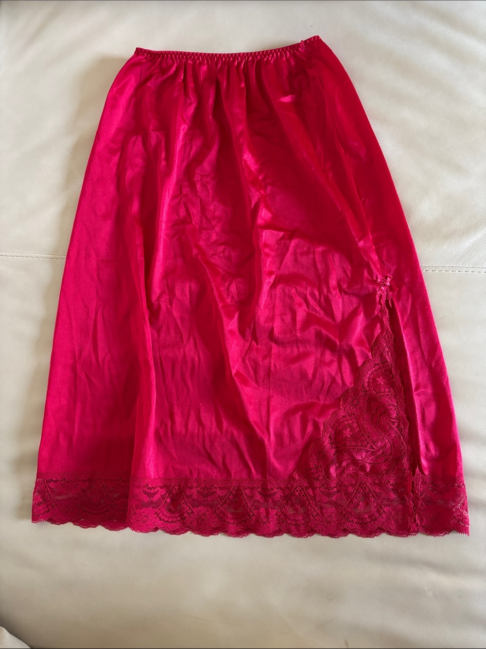 Vintage Feminine Red Satin Half Slip with Lace Trim